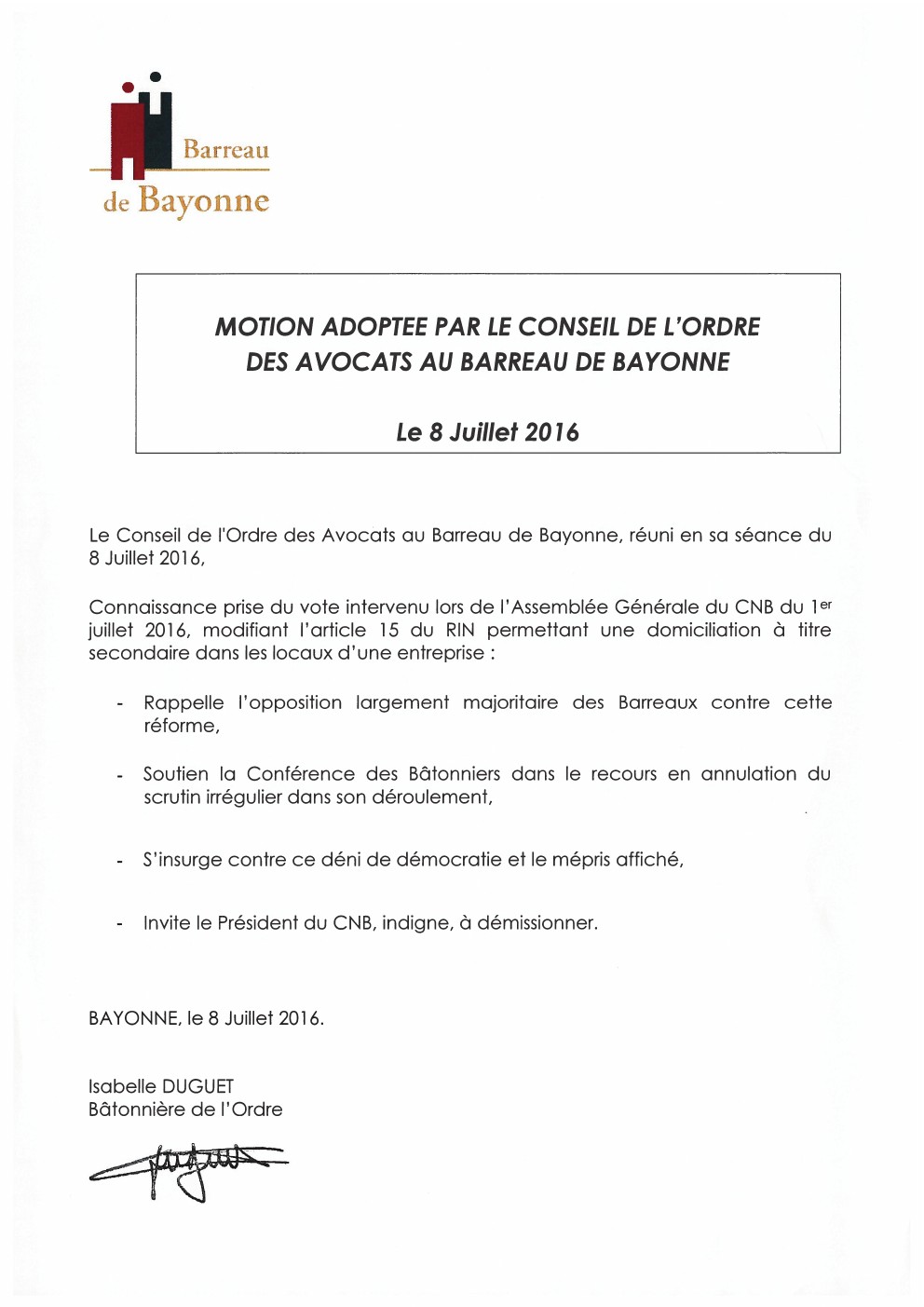 Motion du Barreau de BAYONNE 08 07 16